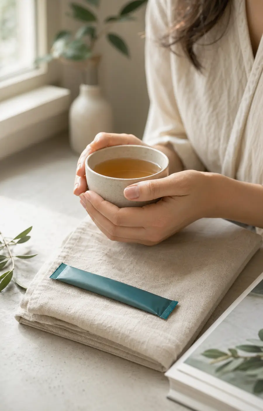 A botanical wellness ritual with a warm herbal drink